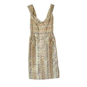 James Coviello NWTs Vintage Plaid Bow Front Pockets dress size 8 Tan Blue